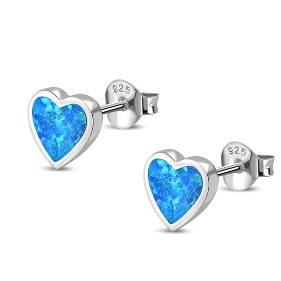 My Daily Styles Women's Simulated Blue Opal Heart Stud Earrings, 925 Sterling Silver