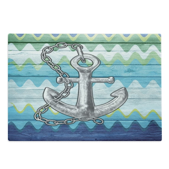Anchor Cutting Board, Nautical Themed Symbol with Chains Motif on Colorful Chevron Zigzags Background, Decorative Tempered Glass Cutting and Serving Board, Large Size, Multicolor, by Ambesonne