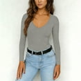 thumbnail image 3 of AherBiu Going out Tops for Women V Neck Long Sleeve T-Shirt Cropped Cute Tops Slim Fitted Stretch Basic Layer Tees Undershirt Gray7,Large, 3 of 9