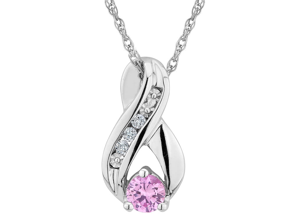 Created Pink Sapphire Infinity Pendant Necklace with Diamonds in Sterling Silver with Chain by Gem And Harmony
