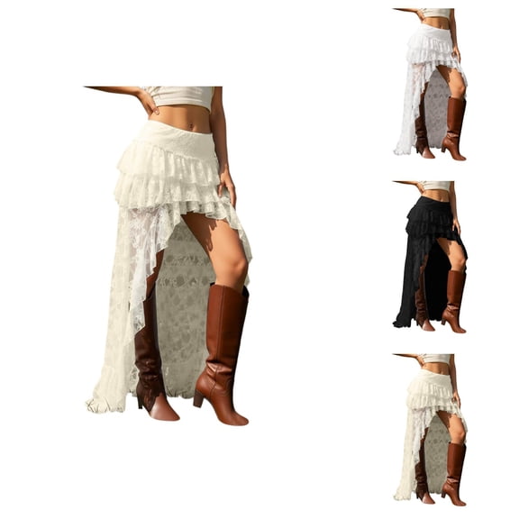 Lace Maxi Skirts for Women Y2k Western High Low Tiered Ruffle Skirt Renaissance Boho Fairy Skirt