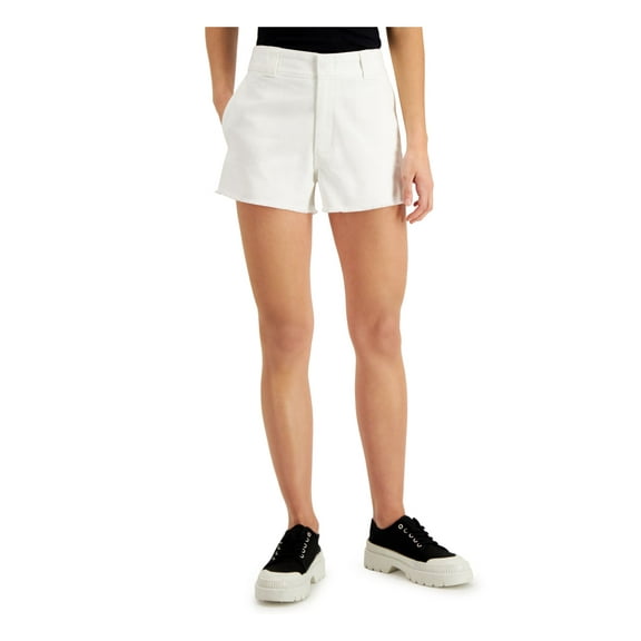 DICKIES Womens White Denim Frayed Pocketed Zippered Hook And Bar Closure High Waist Shorts Juniors 929