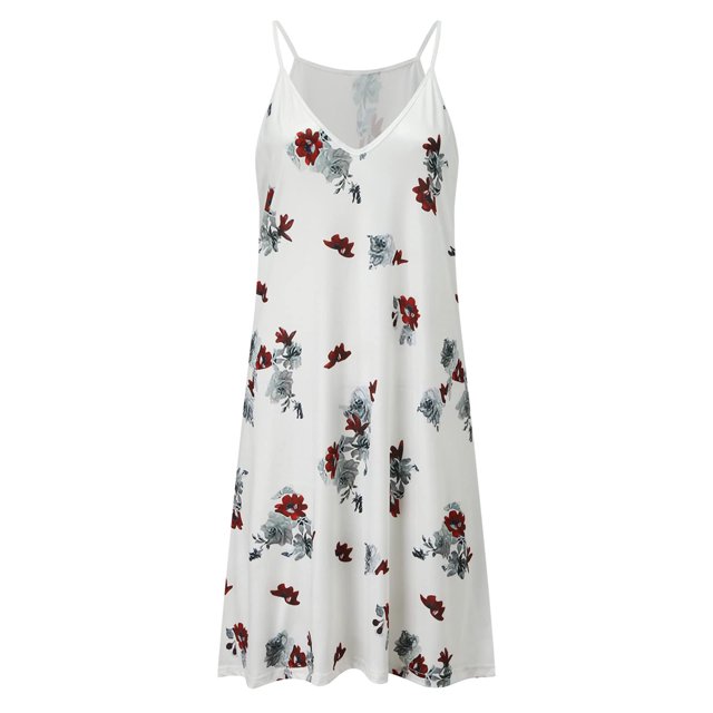 MAWCLOS Robe d'Été de Plage pour Femmes Bretelles Spaghetti Robe Courte Sans Manches Mini Robes Hawaïennes Fête Col en V Fleurs 4TG