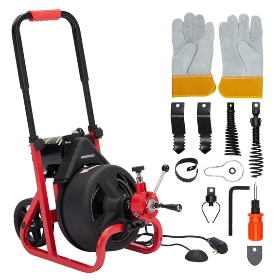 75Ft x 1/2 Inch Electric Drain Cleaner Machine, Auto-feed Drain Auger Sewer Snake for 2 to 4 Inch Pipes, Includes 6 Cutters, Protective Glove & Professional Drain Cleaner Tool