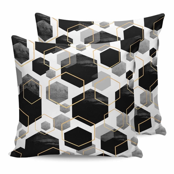 14x14 Pillow Covers Set of 2, Black Grey Throw Pillow Covers Decorative Couch Cushion Case, Geometric Gold White Hexagon Modern Microfiber Square Pillowcases for Bedroom Car Living Room