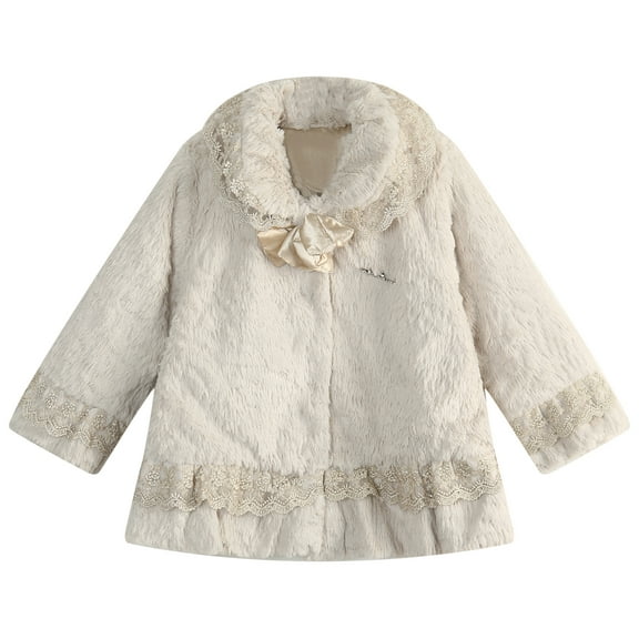 Richie House Little Girls Beige Fleece Lace Detail Coat 6