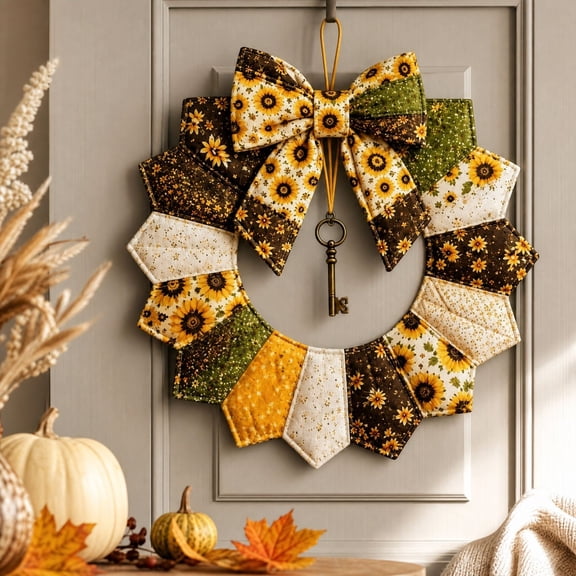 Cififendec Thanksgiving Fall Sunflower Patchwork Wreath DIY Kit, Quilted Wreath Craft Set for Front Door Hanging Porch Decor Harvest Dressing, 11.81"