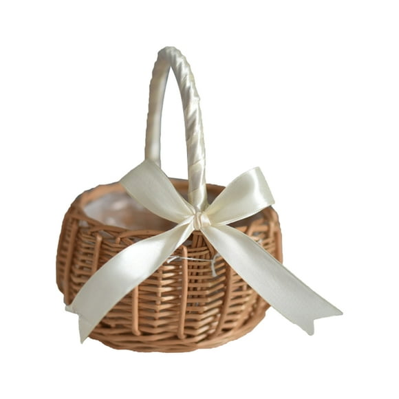 Bewildely Cesta de flores de mimbre tejida, lazo tejido a mano con asa de aro, cesto multifuncional, organizador para fiesta de boda Almacenamiento y organización del hogar Blanco L