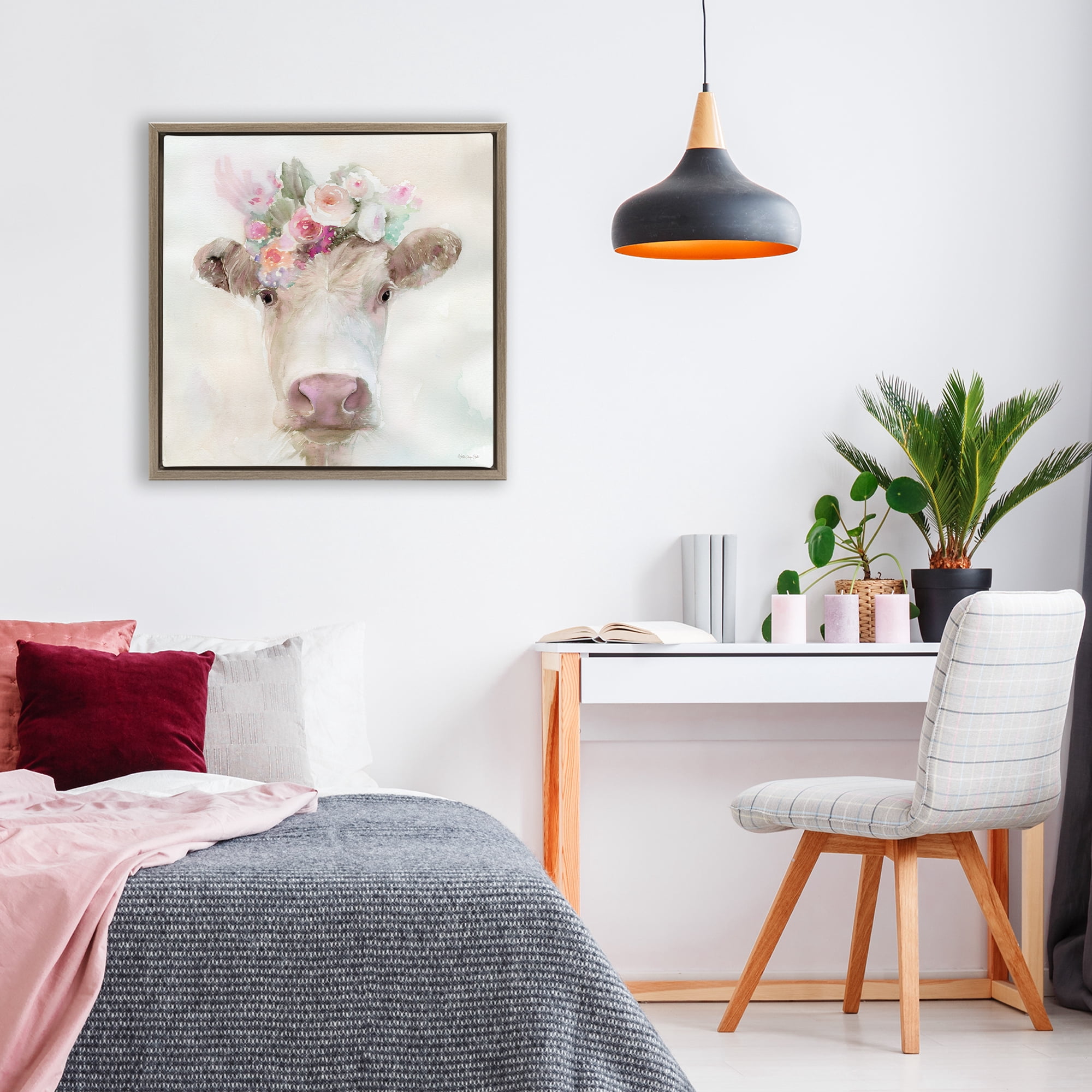 Stupell Industries Betsy Cow with Flowers Brown Framed Floater Canvas Wall Art, design by Stellar Design Studio