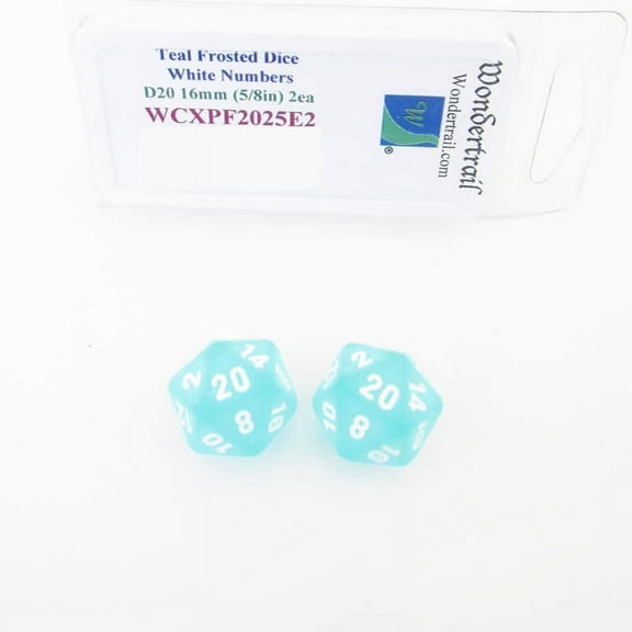 Teal Frosted Dice with White Numbers D20 Aprox 16mm (5/8in) Pack of 2 Wondertrail