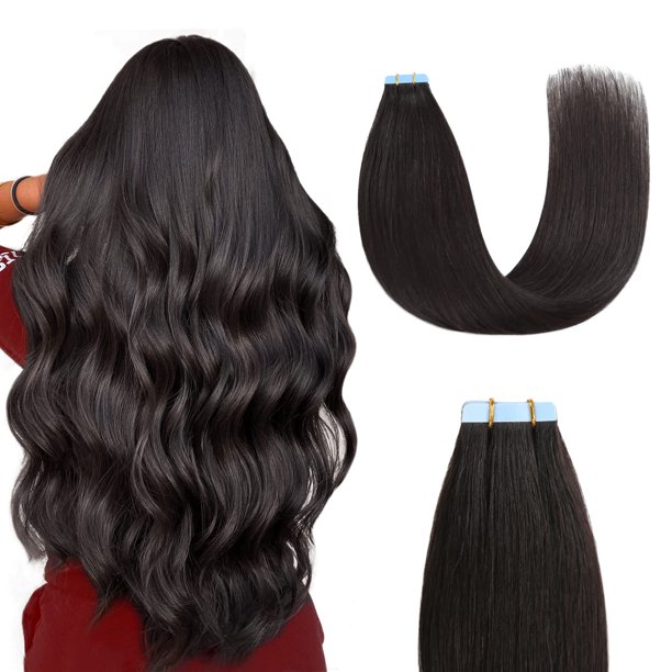 Sunya Extensiones de cabello humano con cinta adhesiva de 18.0 in, cabello humano Remy liso y sedoso, cinta de trama de piel sin costuras en extensiones de cabello humano, 18.0 in, #1B, negro natural,