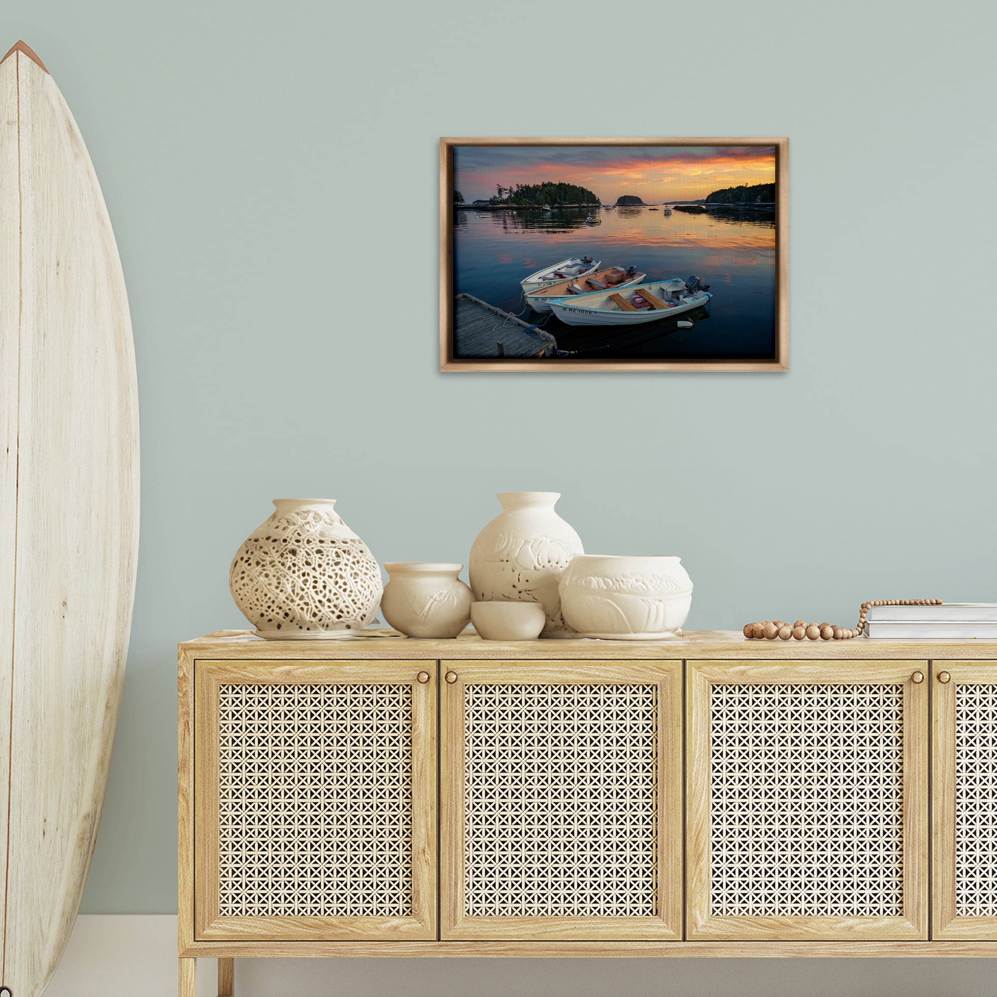 Stupell Industries Three Boats at Sunset Nautical & Beach Photography Brown Floater Framed Canvas Art Print Wall Art, 25 x 17