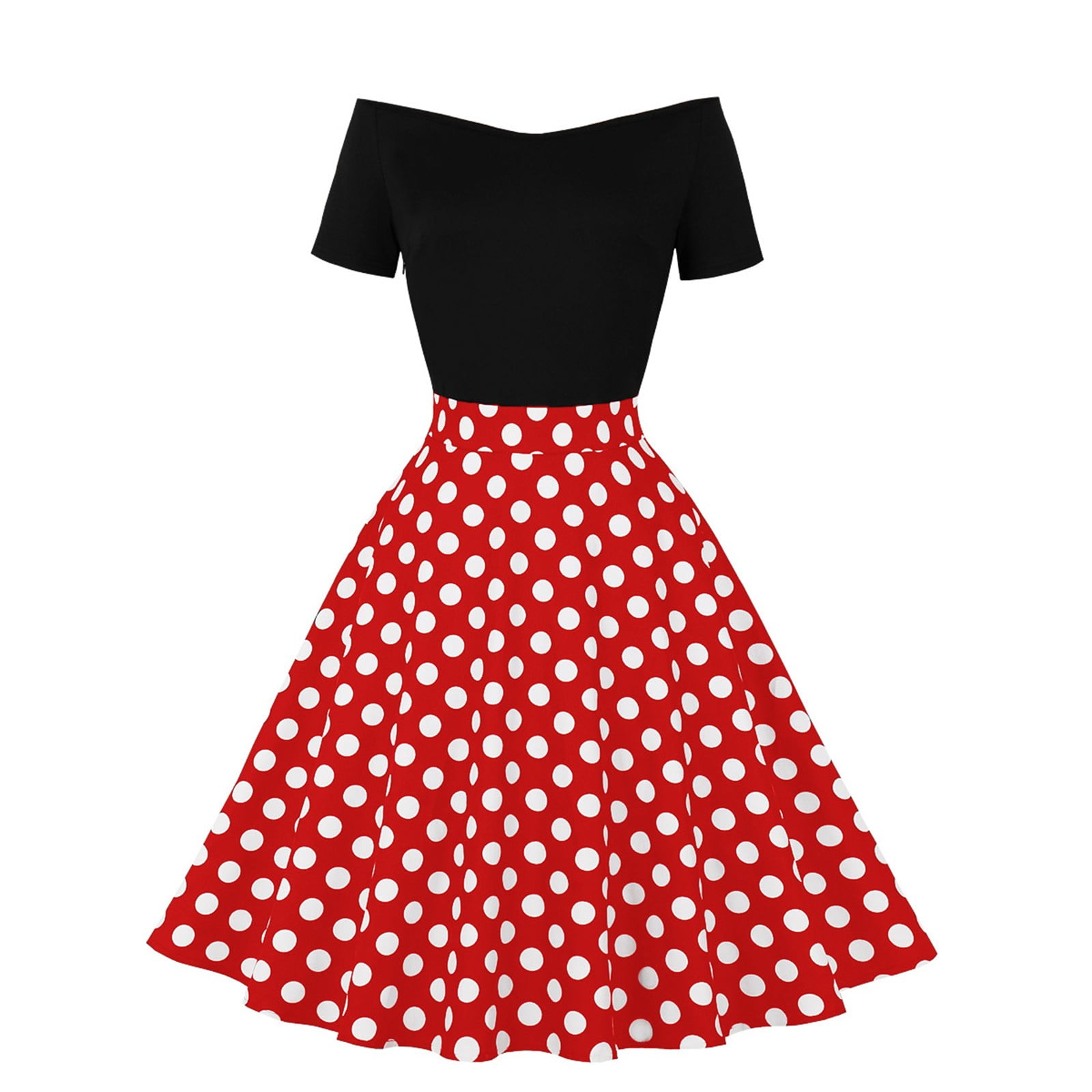 XIAOCHA Women's Polka Dot Dress Fitted Flared off Shoulder Short Sleeves Retro Swing Dress Stretchy Vintage Party Dresses