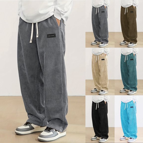 Mens Corduroy Casual Pants Fashion Loose Fit Wide Leg Pants Straight Sweatpants Elastic Waist Drawstring XL