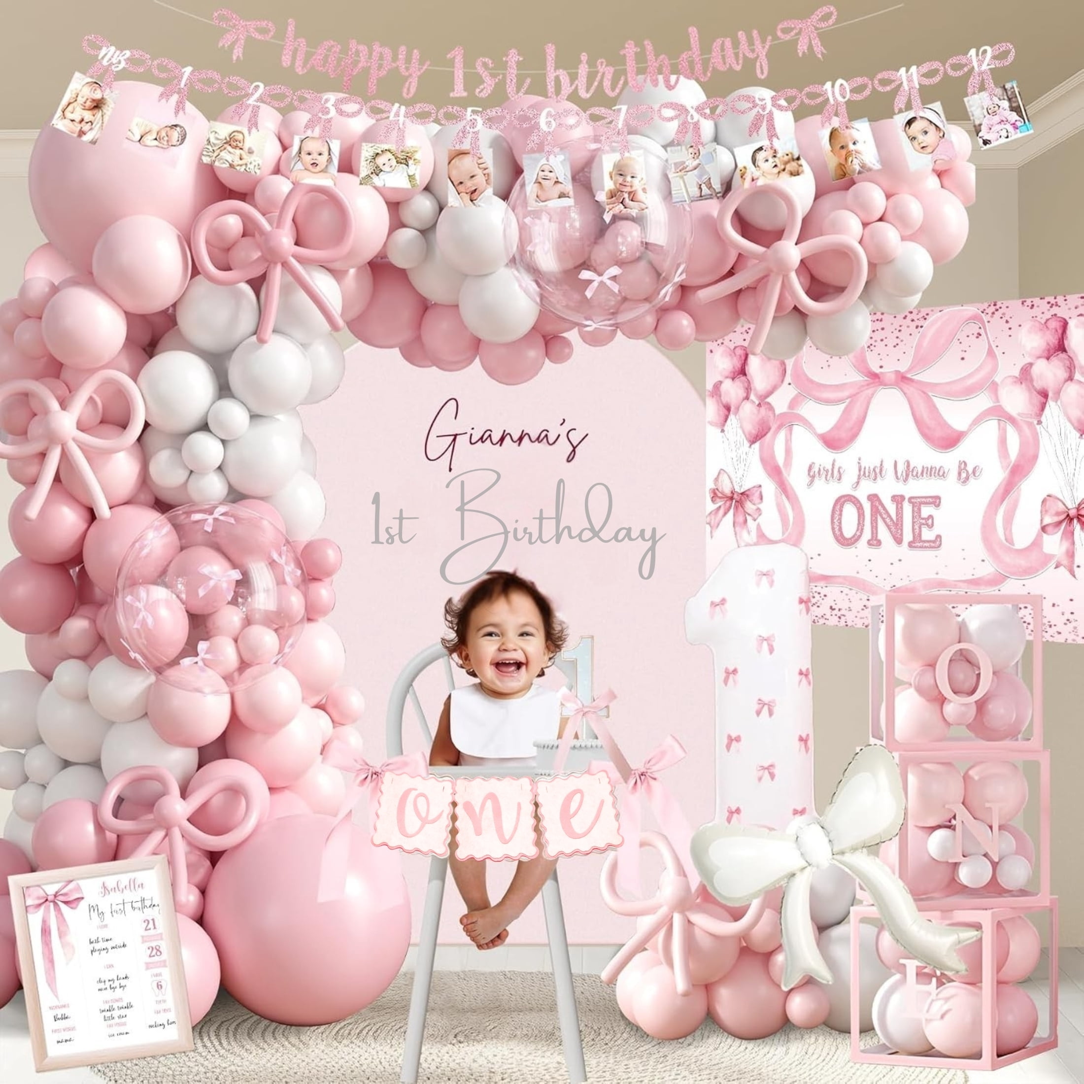 EMPIRE PARTY Supply Pink Bow 1st Birthday Decorations for Girl, Pink White Balloon Arch Kit, Backdrop, High Chair Banner, 166 Pieces