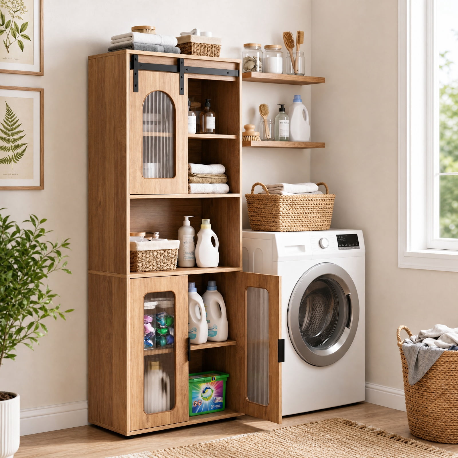 Vebreda Freestanding Bathroom Storage Cabinet, Farmhouse Bathroom Floor Cabinet with Sliding Barn Door, Large Storage Capacity