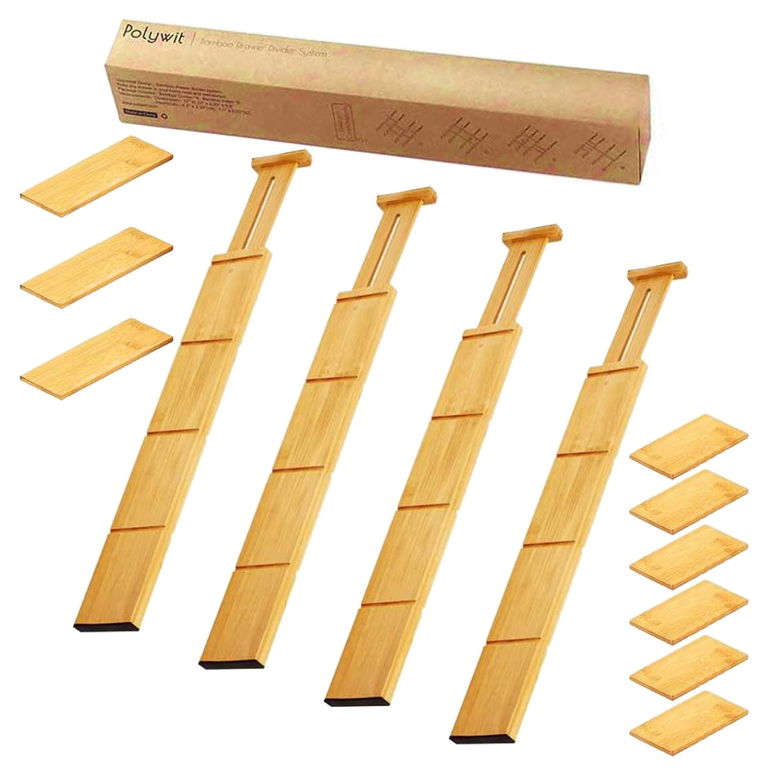VEGCOO 4Pcs Adjustable Bamboo Drawer Dividers Organizers with 9 Inserts