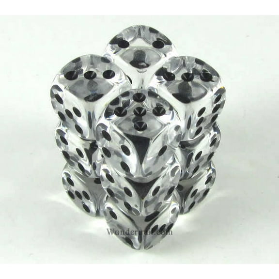 Clear Transparent Deluxe Dice with Black Pips D6 16mm (5/8in) Pack of 12 Koplow Games