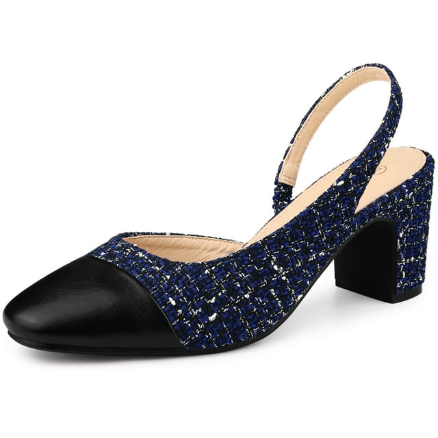 BLISSFUL STEP Women's Plaid Cap Toe Slingback Chunky Heel Pumps Blue (Size 7.5)