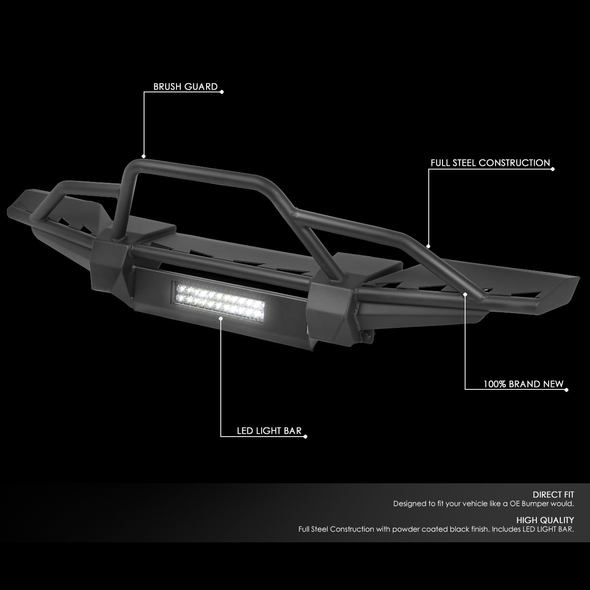 DNA Motoring FGBP-011 For 2018 to 2019 Jeep Wrangler JL Heavy Duty Steel Front Bumper w/ Brush Guard + LED Light Bar