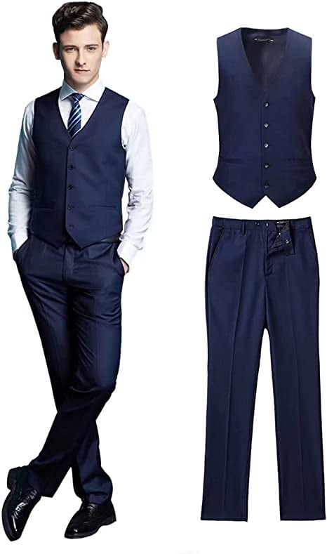 Wehilion Men's Suits 2 Pieces Wedding Suits Vest+Pants Tuxedos Set V ...