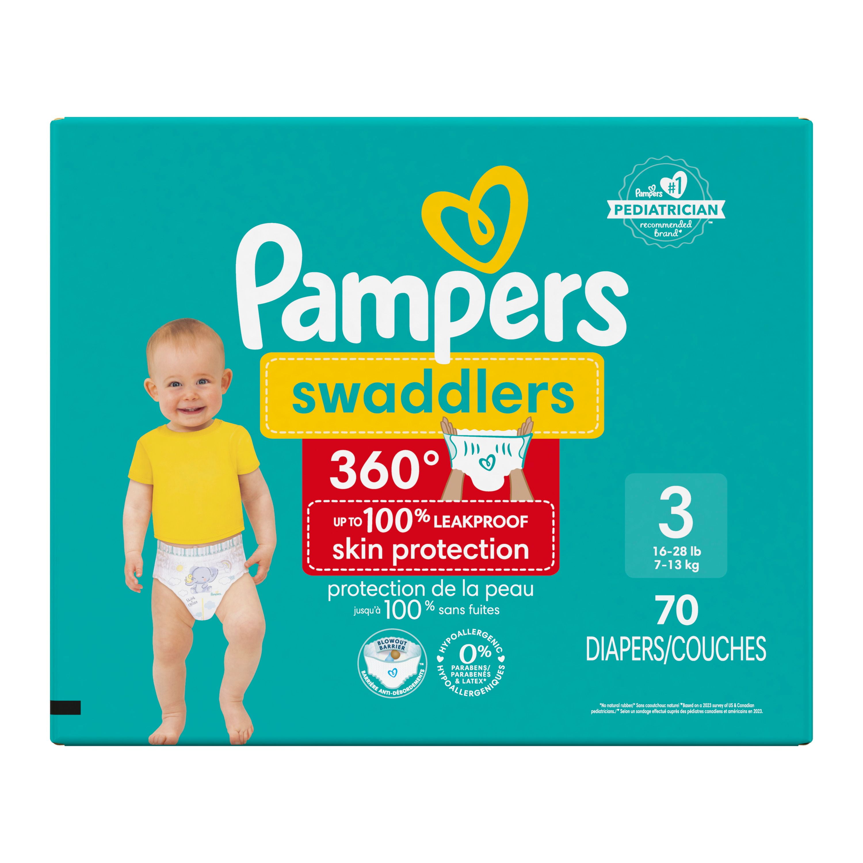 Couches Pampers Swaddlers 360°, ajustement confortable et au sec, jusqu’à 100 % sans fuites, rabats rapides conçus pour faciliter les changements, couche à enfiler, taille 3
