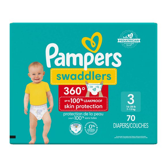 Pampers Couches - Swaddlers 360° - Taille 3, jusqu'à 100 % Anti-Fuites, Coupe Confortable et Sèche, Languettes Faciles à Enlever pour un Change Facile, Couche à Enfiler
