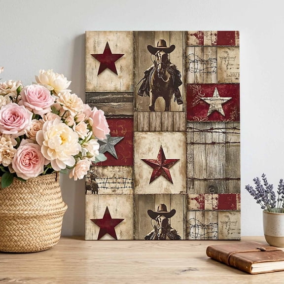 Canvas Wall Art Western Red Canvas Art Print Brown Texas Star Wood Grain Distressed Patchwork Pictures Wall Decor for Living Room Bedroom Artwork Decorations Stretched Framed Ready to Hang 16"x24"
