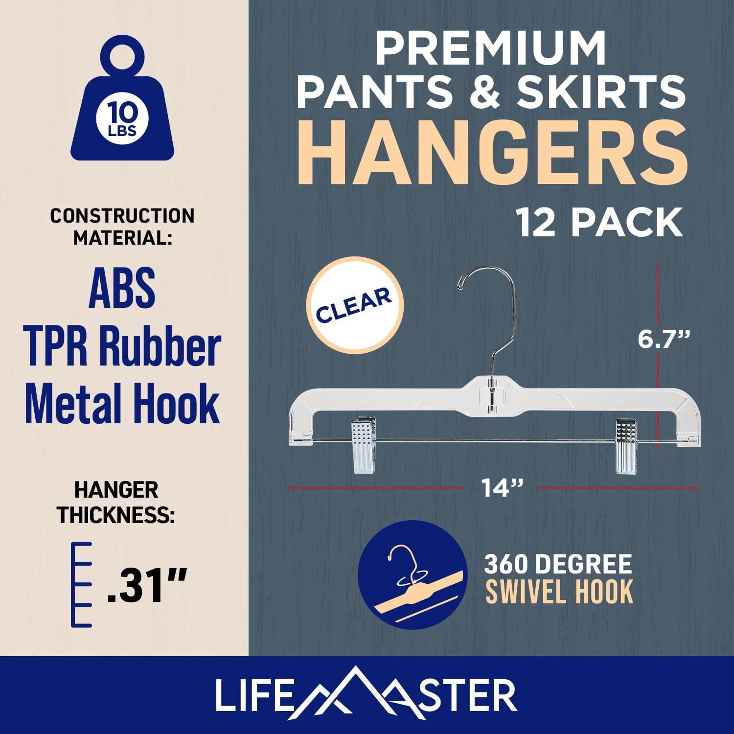 LifeMaster 12 Pcs. 14 inch Clear Plastic Skirt Hangers with Adjustable Clips - Space-Saving Closet Organizer, 360° Swivel Hook - Bulk Plastic Hangers for Pants, Trousers, Jeans