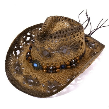 Straw Cowboy Cowgirl Hat for Men Women Wide Brim Hollow Breathable Sun Hat with Beaded Trim Band Western Style for Outdoor Beach Travel