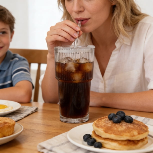 Vaso de paja de cristal acanalado con tapa – vaso transparente para café helado a prueba de fugas, vaso de gran capacidad para agua, té, batidos y viajes