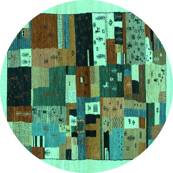 Ahgly Company Machine Washable Indoor Round Abstract Turquoise Blue Contemporary Area Rugs, 3' Round