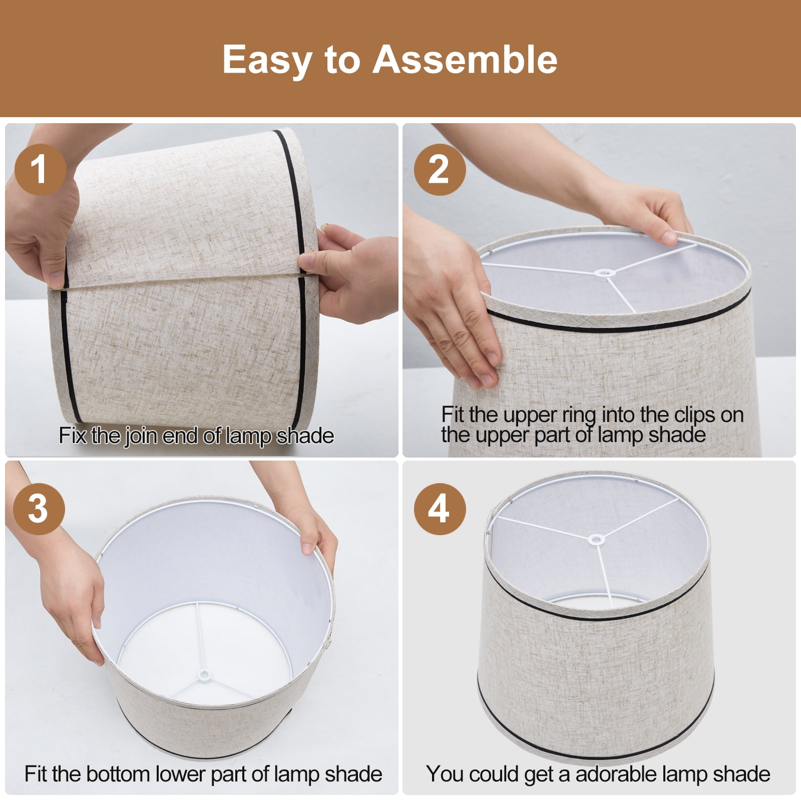 Drum Lampshades Set of 2, Fabric Lampshades for Table Lamps Floor Lamps, Medium Lampshades 13" Top x 11" Bottom x 10" High, Natural Linen Hand Crafted, Lamp Shade Harp Holder Included