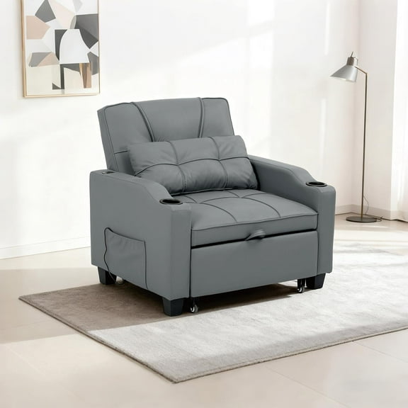 Sleeper Chair with Massage Lumbar Pillow,3 in 1 Convertible Sleeper Sofa with USB Port Cup Holders and Side Pocket,Small Couch Bed for Dorm/Bedroom/College