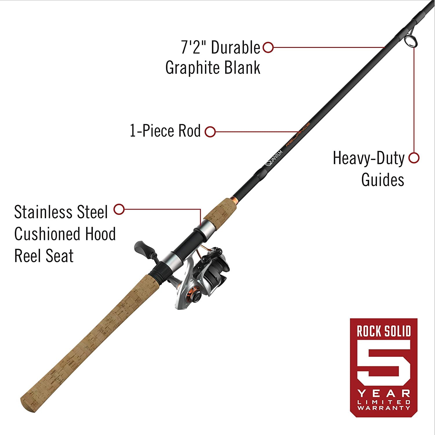 Quantum Reliance Spinning Reel and Fishing Rod Combo, 7-Foot 2-Inch 1-Piece Rod, Size 30 Reel, Silver/Black