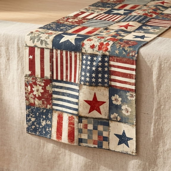 Independence Day Vintage Patchwork Table Runner,4th of July Patriotic Memorial Day Red White Blue Farmhouse Table Linens for Kitchen,Dining Room,Holiday Party Decor