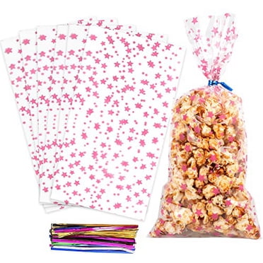 200 Pcs Pink Christmas Candy Bags With Gold Ties - 5 Holiday Designs For Treats & Party Favors
