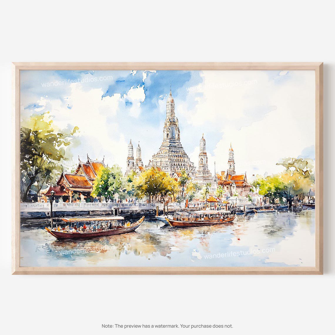 Bangkok Temple Watercolor Wall Art Print For Thai Architecture Decor