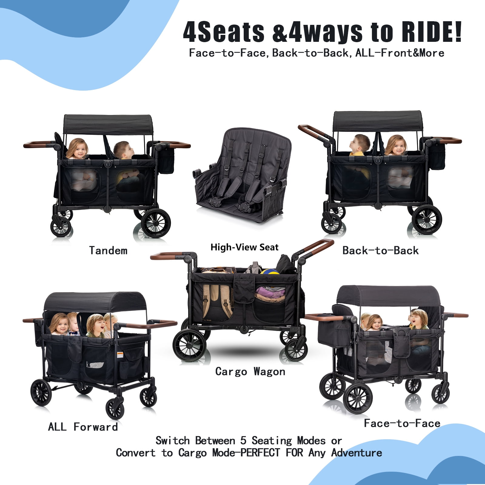 4 Kids Wagon Stroller Push-Pull - Lightweight Travel Fold Tandem Trolley with 5-Point Harness,Adjustable Canopy&Handle,Snack Tray,Storage,Mom Bag,All-Terrain Wheels for Beach Travel Camping Shopping