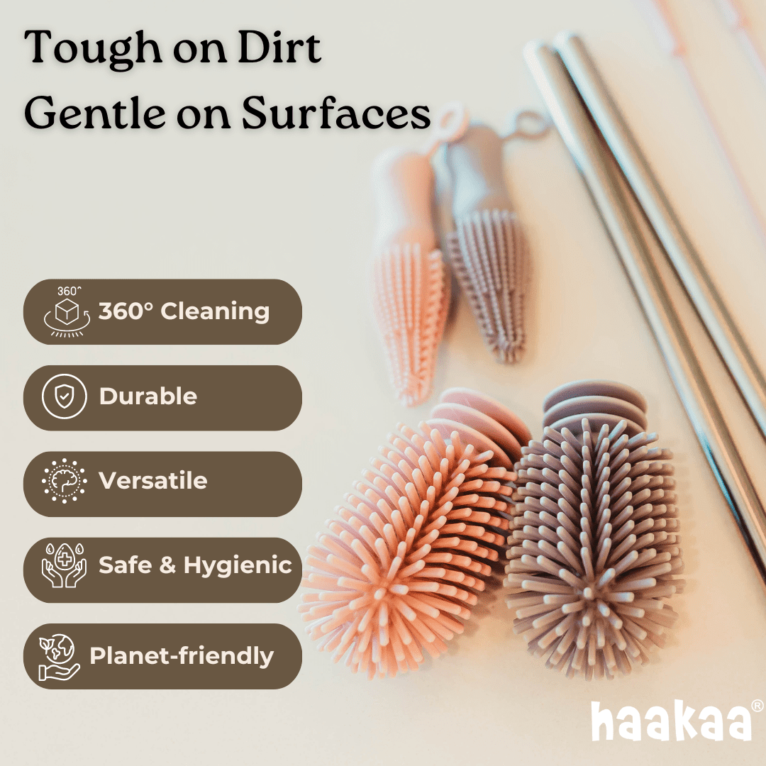 Haakaa Blush Silicone Cleaning Brush Kit – Multifunction 3-Piece Set for Bottles, Pumps & Accessories - Blush