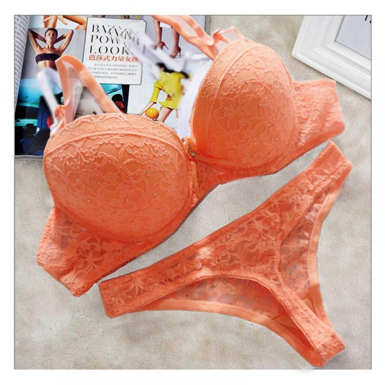 Saient Sexy Women Lace Drill Bra Set Push Up Underwear Set Bra And Thong  Set,Orange,38C