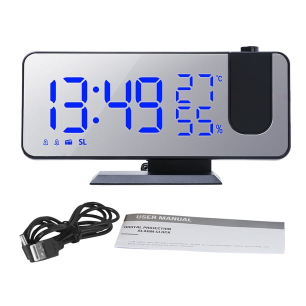 Reloj despertador Reloj de proyección de escritorio LED digital Sincronización ajustable Radio FM, Cuerpo negro Número azul seitruly HA003400-02B