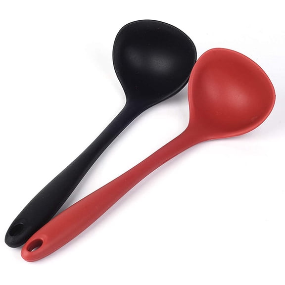 Silicone Ladle Soup Spoon Set of 2, Nonstick Heat Resistant Long Handle Unbreakable Big Round Scoop for Home Kitchen Cooking,Red and Black