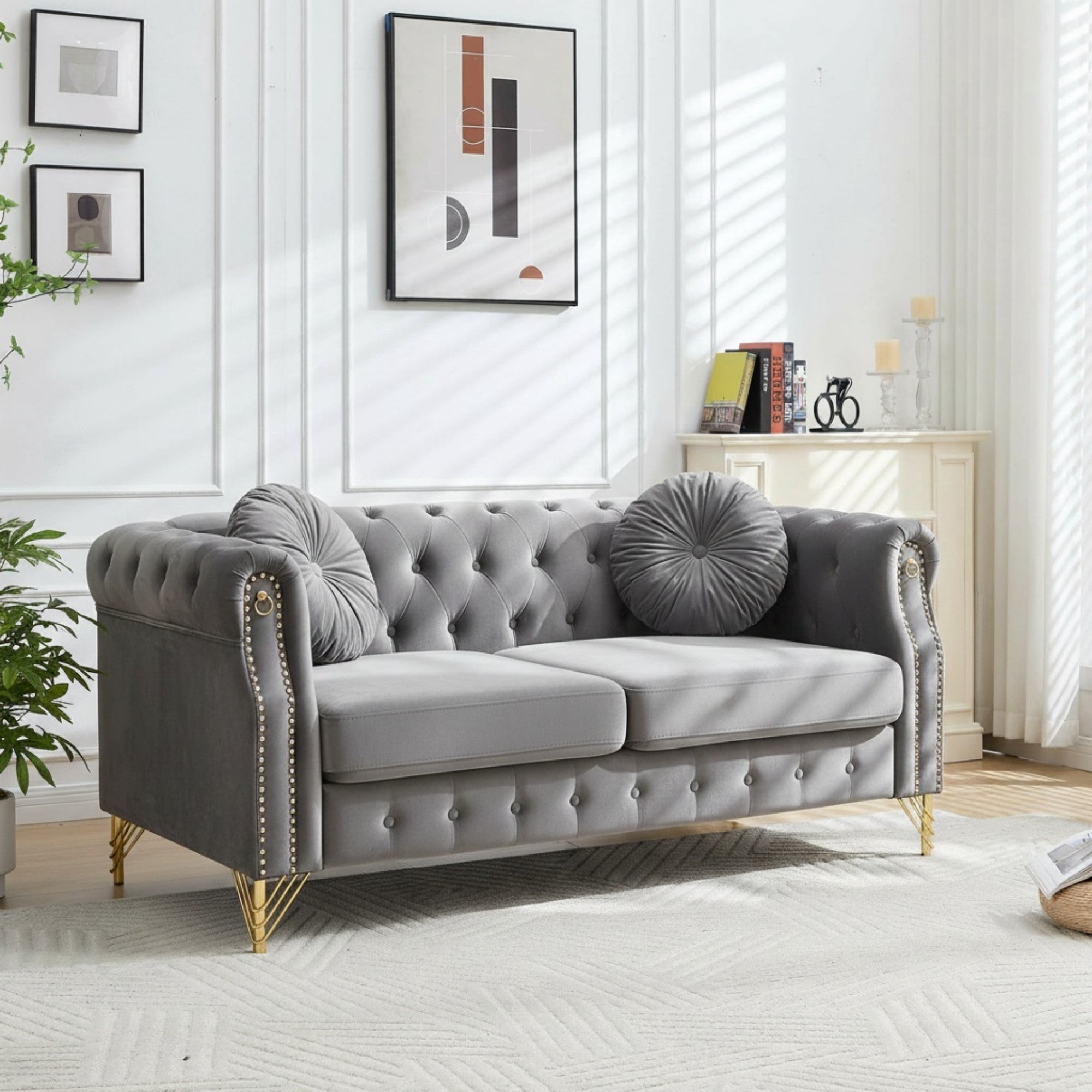 Sailvan 60.5" Velvet Chesterfield Loveseat, 2-Seater Tufted Sofa with Nailhead Trim, Gold Metal Legs & 2 Round Pillows for Living Room Grey
