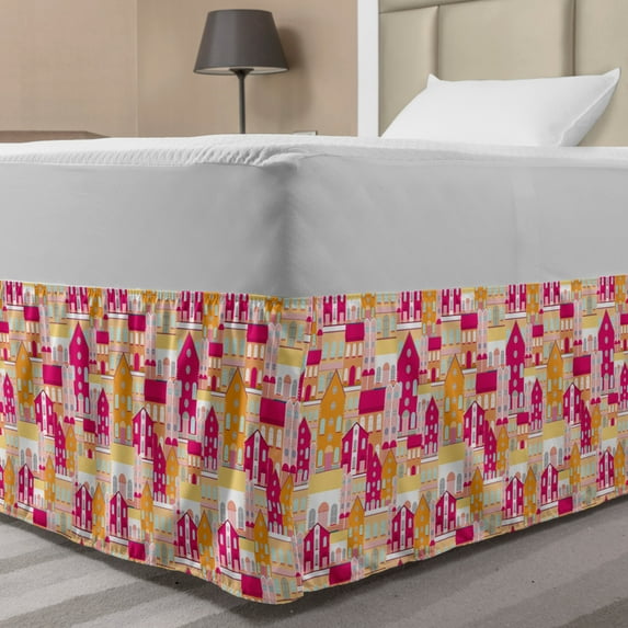 Urban Bed Skirt, City Architecture Minimalistic Northern Houses with Round Windows Print, Elastic Bedskirt Dust Ruffle Wrap Around for Bedding Decor, 4 Sizes, Marigold Magenta Blush, by Ambesonne