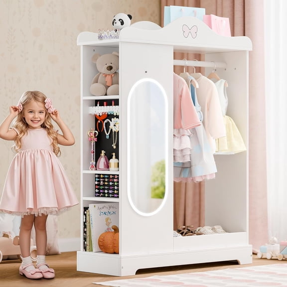 Kids Armoire with a Jewelry Cabinet, Dress Up Closet with Mirror, Kids Wardrobe Closet with Storage Shelves, Armoire Costume Organizer for Bedroom, Kids Room, Girl (White)