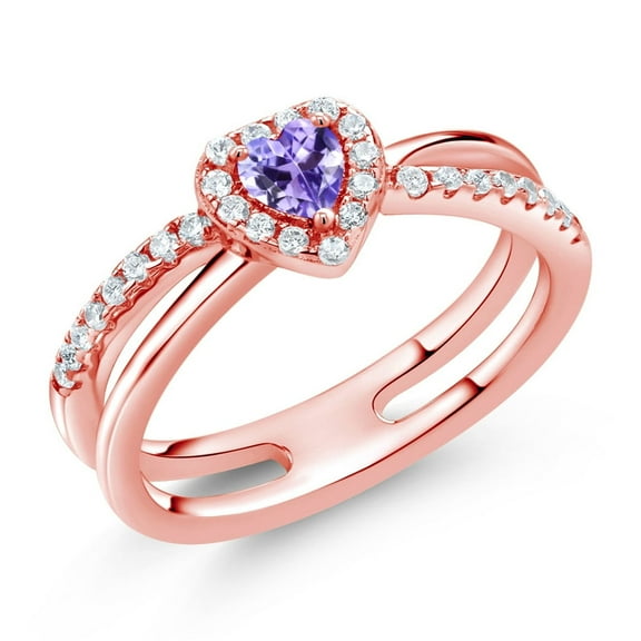 Gem Stone King 0.52 Ct Heart Shape Blue Tanzanite 18K Rose Gold Plated Silver Ring (Size 9)