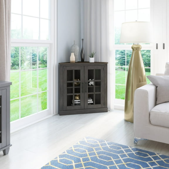 Twin Star Home Corner Accent Cabinet with Windowpane Doors