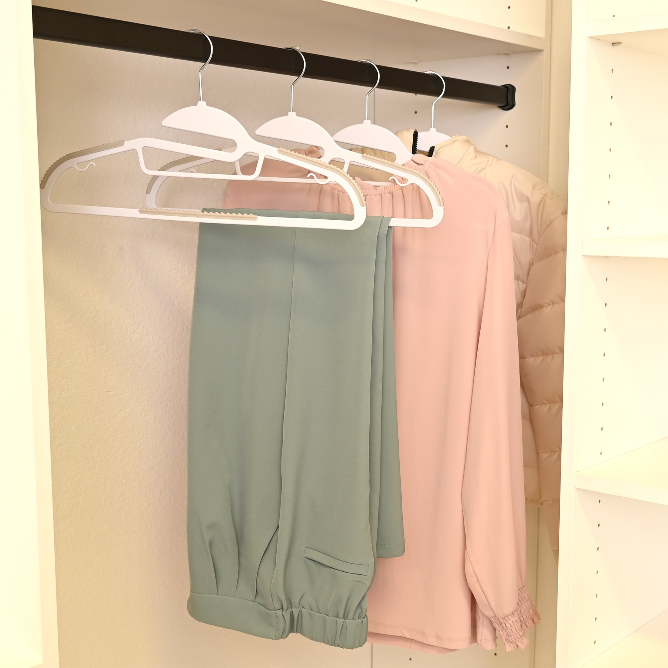Mainstays Plastic Hangers, Easy Slip Clothing Hangers, Non-Slip 10 Pack, Adult, Arctic White/Grey Pumice