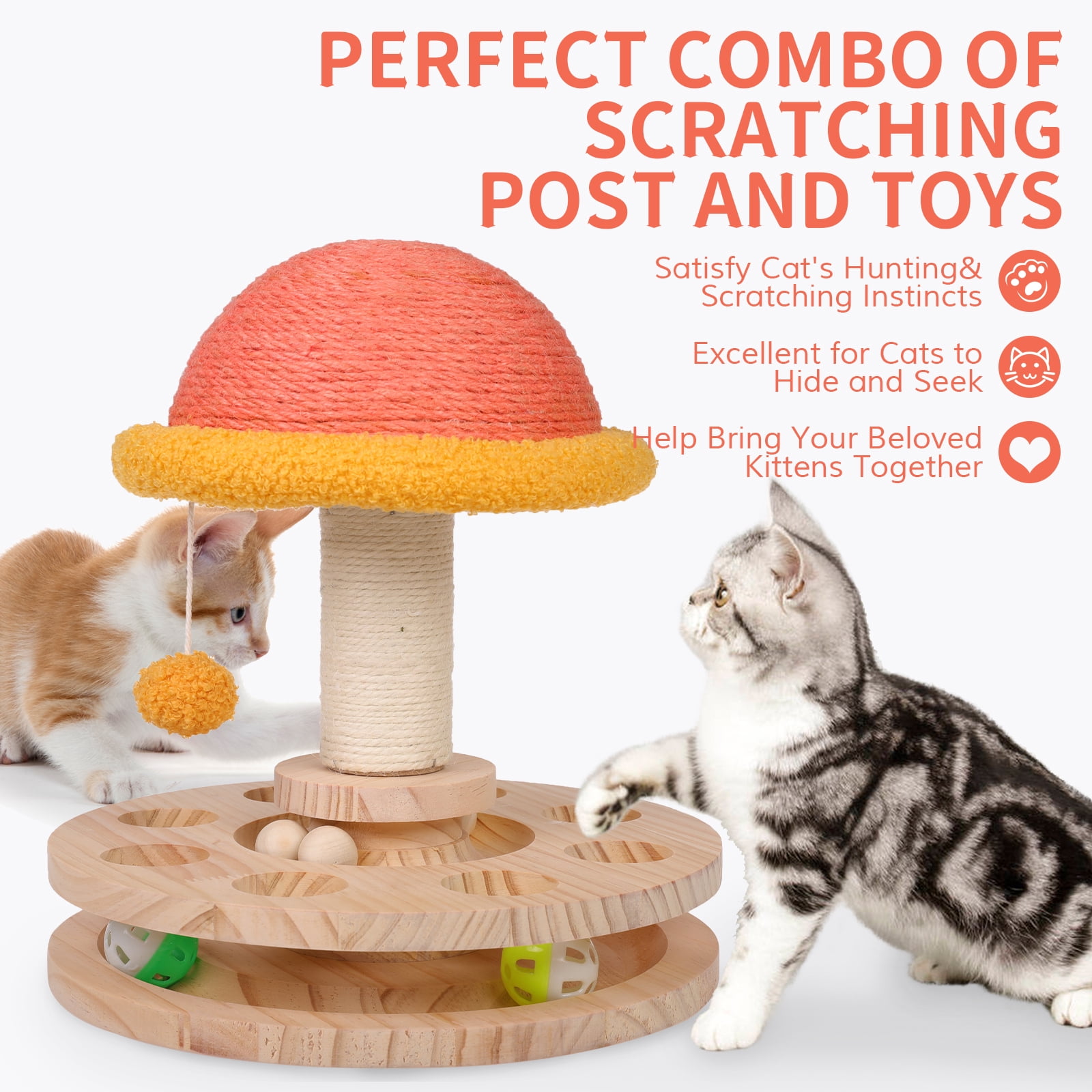 DENTRUN Cat Toy Roller, Interactive Cat Turntable Ball Track with Scratching Post Dangling Ball, Wood Maze Play Toy Ball for Indoor Cats Kittens